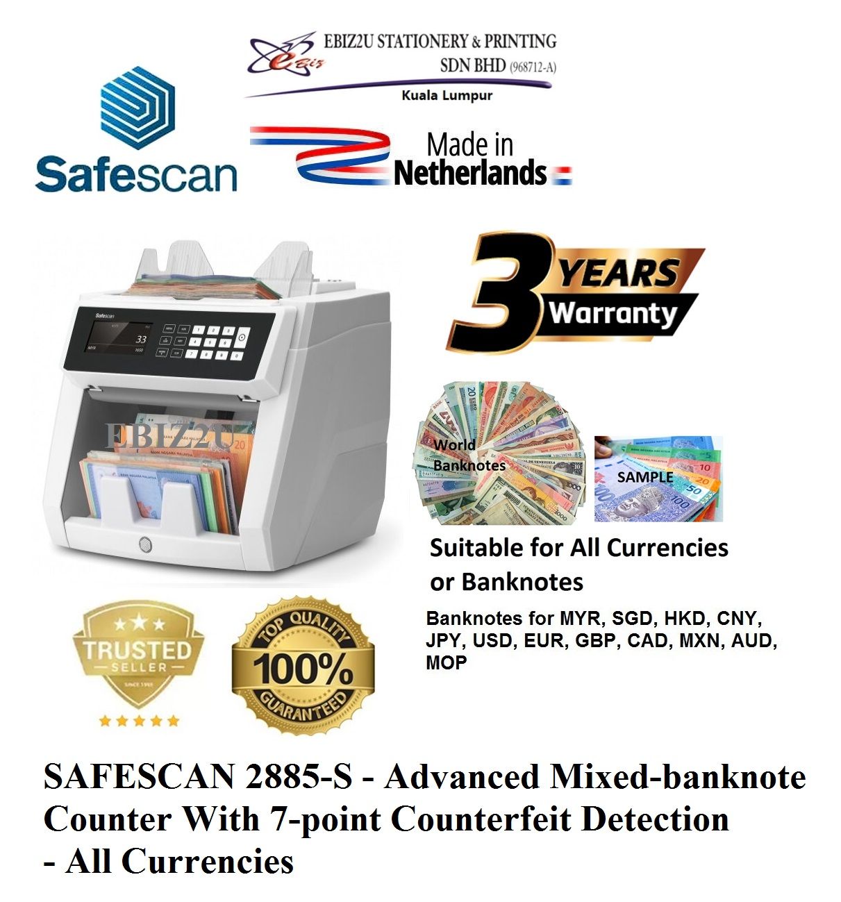 SAFESCAN 2885-S - Advanced Mixed-banknote Counter With 7-point Counterfeit Detection- all currencies (note counter machine, Banknote Counter, Bill Counter, Money Counting Machine, Money Notes Counter, Money counter Machine, Cash Machine)