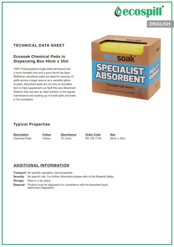 *Ecosoak Chemical Pads in Dispensing Box 40cm x 35m (Box of 100)