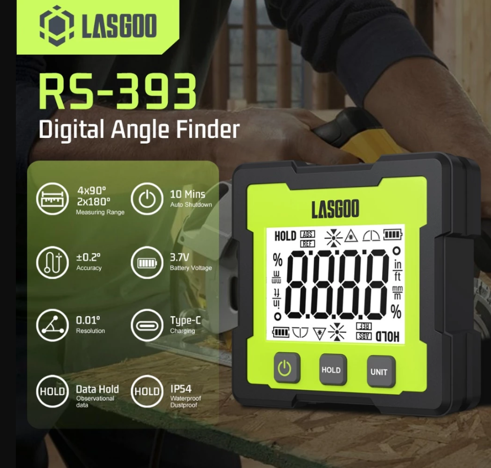 LASGOO RS-393 - ANGLE 4*90° PORTABLE DIGITAL INCLINOMETER LCD BACKLIT DIGITAL PROTRACTOR SLOPE COUNTING