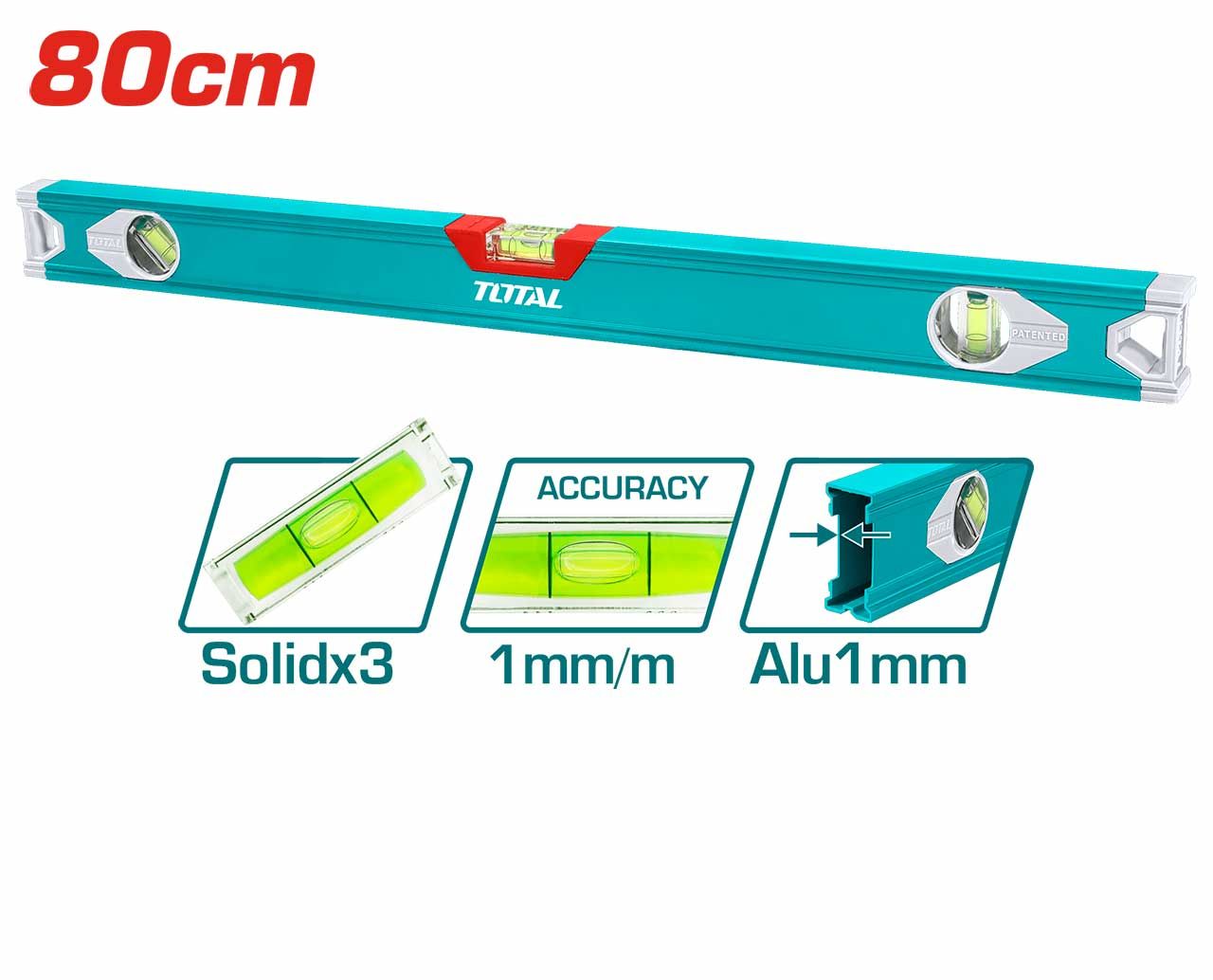 TOTAL SPIRIT LEVEL 80CM W/ 3 VIALS 1MM ALUMINUM FRAME CONSTRUCTION RUBBER END CAPS - TMT28016