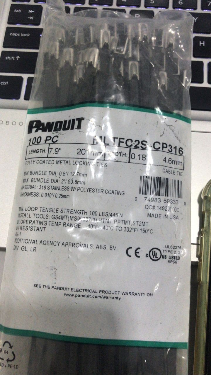 PANDUIT STAINLESS STEEL 316 FULLY COATED CABLE TIE 201MM X 4.6MM X 100PCS/PKT (MLTFC2S-CP316)