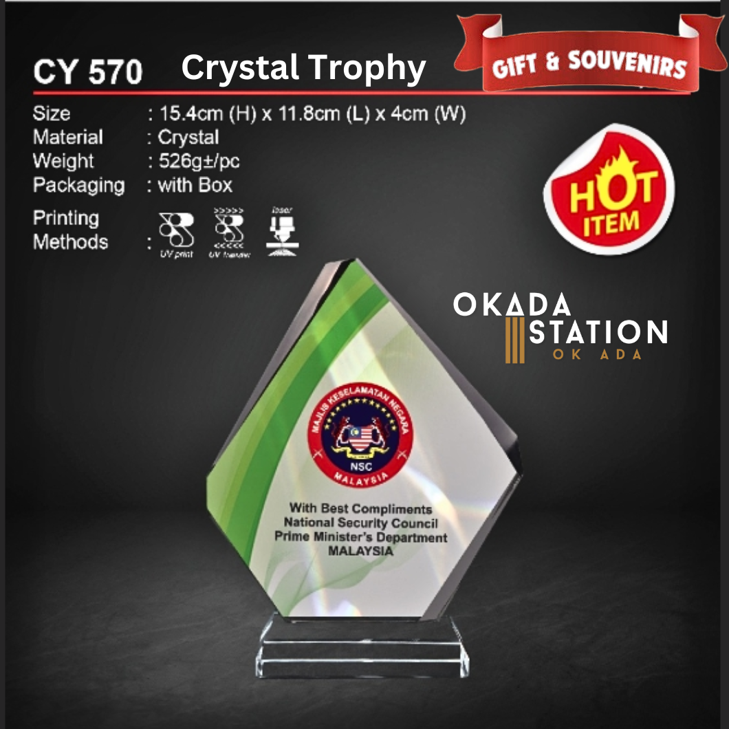 OKADA GIFT & SOUVENIRS : CY 570 CRYSTAL TROPHY WITH PRINTING / CRYSTAL AWARD / AWARD TROPHY / CRYSTAL / TROPHY / AWARD / CY 570 / 526g
