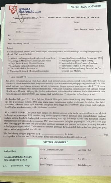 QS Borang Notis Memberhentikan Aktiviti Bahaya Berhampiran pepasang Elektrik TNB