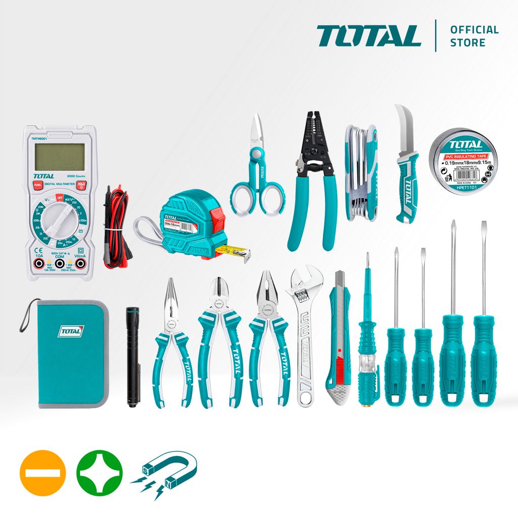 TOTAL ELECTRICIAN'S TOOLS FOR ELECTRICAL DETECTION & REPAIR WITH MULTIMETER FLASHLIGHT & PLIERS (26 PCS) TKETS0261