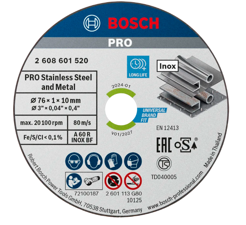 BOSCH PRO STAINLESS STEEL AND METAL BONDED CUTTING DISC (76 X 1 X 10 MM) (2608601520)