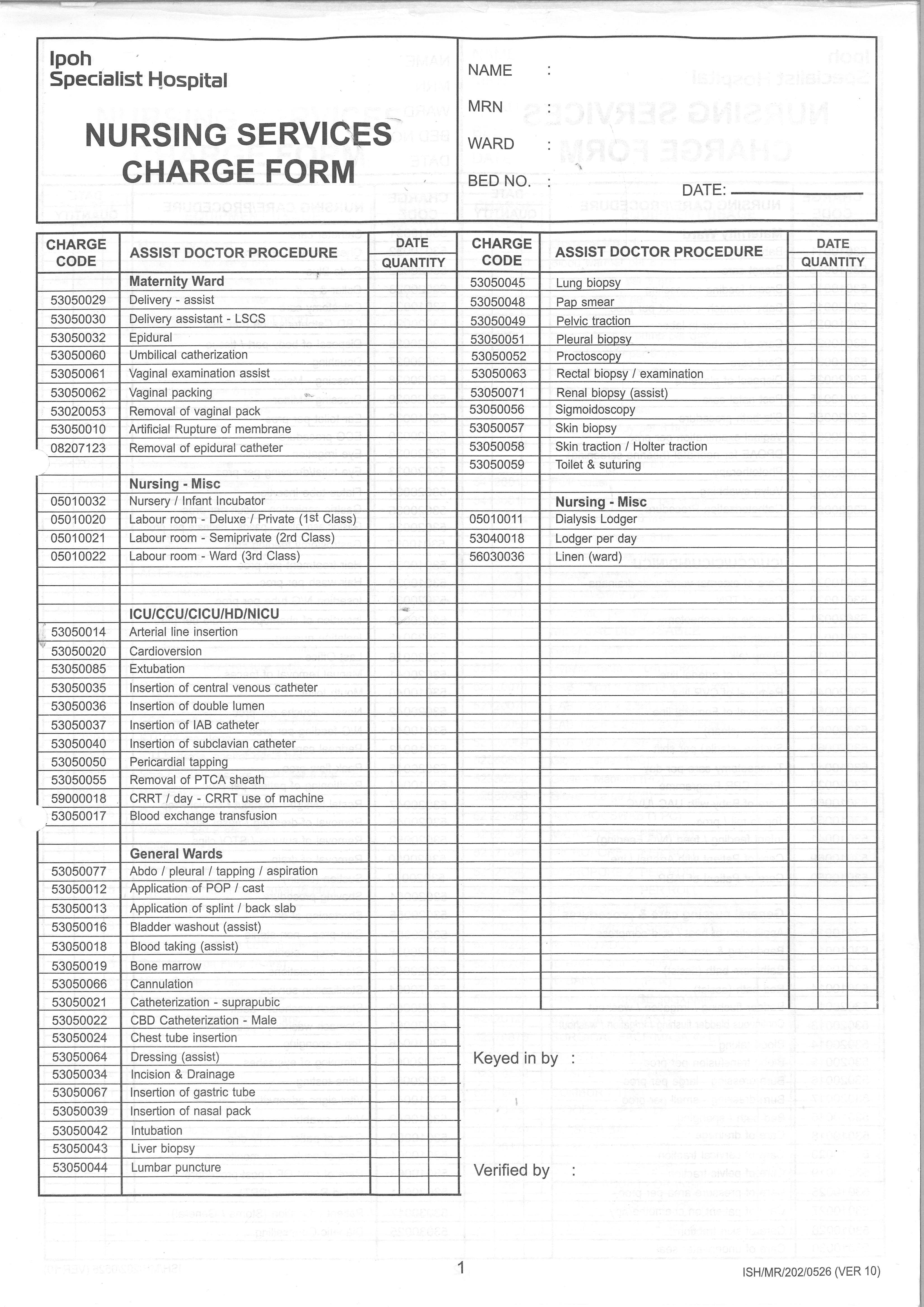 NURSING SERVICES CHARGE FORM