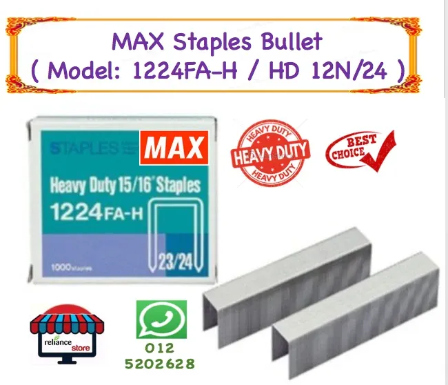 MAX Staples 1224FA-H (Bullet) / MAX 1224FA-H / Ubat Stapler / Stapler Bullet / Dawai Kokot # MAX-23/24 # Heavy Duty 15/16 inci Staples # Untuk Mesin Stapler : HD-12N/17 # HD-12N/24 # HD-12F # HD-12L/17 # RP0310 (KTT : 1 Kotak Kecil )