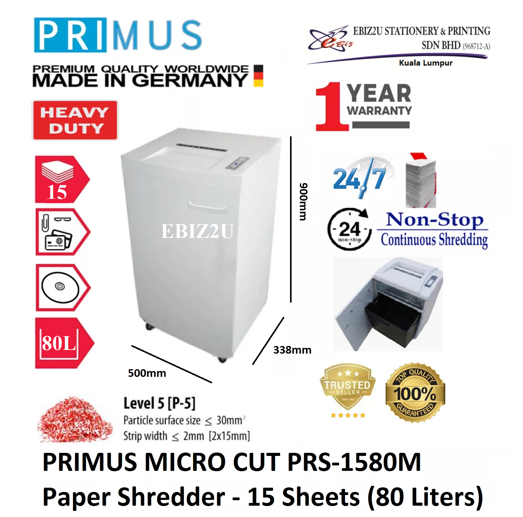 PRIMUS PRS-1580M Departmental Paper Shredder (Shred Capacity: 15 Sheets, Micro Cut: 2x15mm, Bin Capacity: 80 Liters)