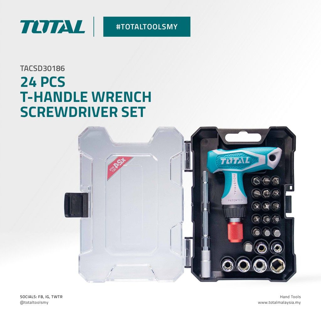 TOTAL T-HANDLE WRENCH SCREWDRIVER SET WITH PHILLIPS SLOTTED HEX POZIDRIV TORX SOCKET & RATCHET WRENCH (24 PCS) TACSD30186