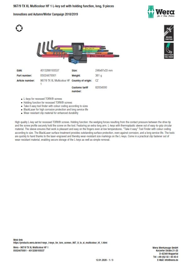 WERA *Wera 024470 9 Piece L Shape Long arm Torx Key Set
