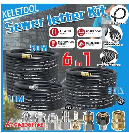 Sewer Jetter Kit 10m Water Jetting Hose High Pressure Drain Cleaner 6in1 Nozzle Pipe Cleaning Tool for Sewer Drain