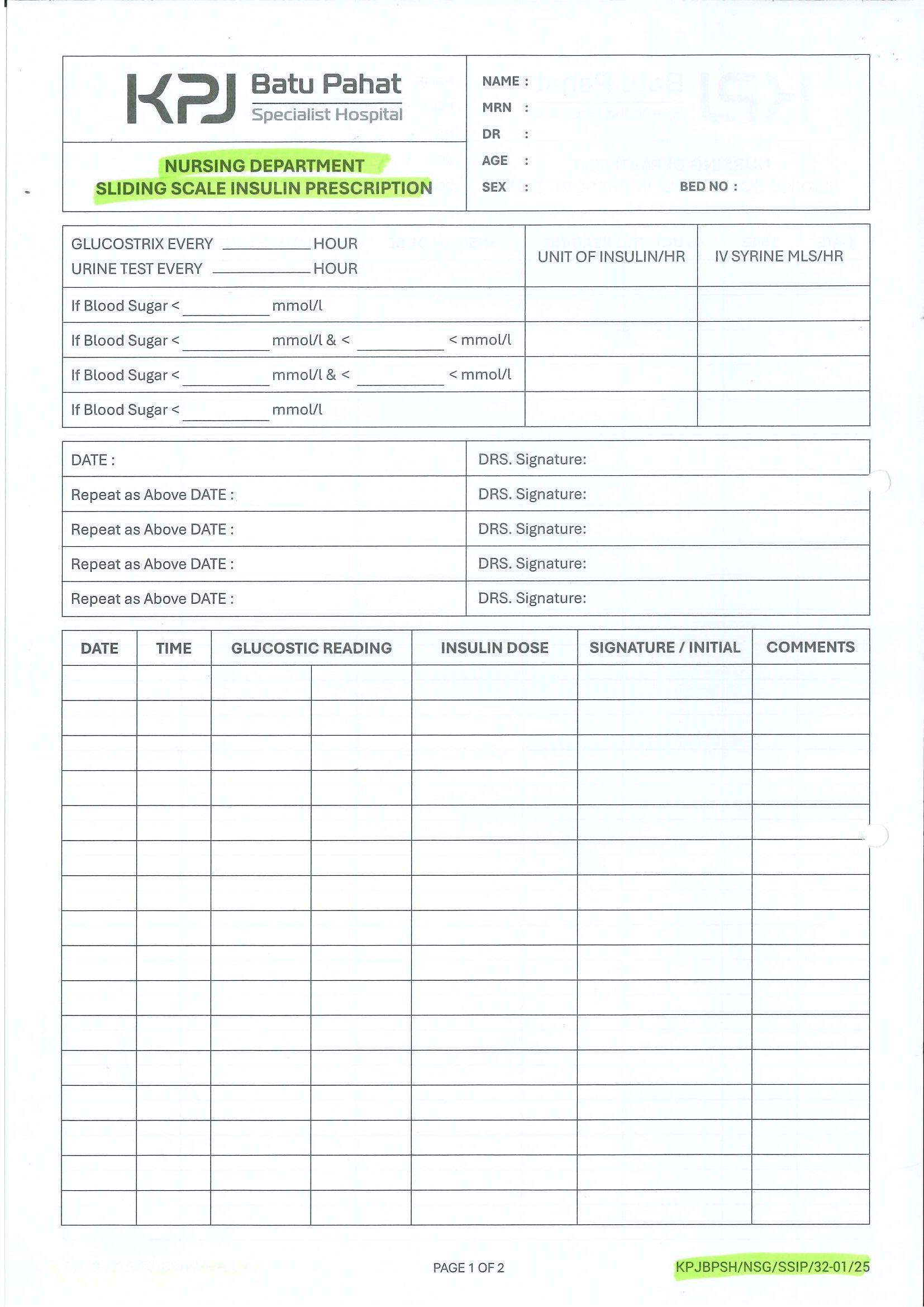 Nursing Department Sliding Scale Insulin Prescription