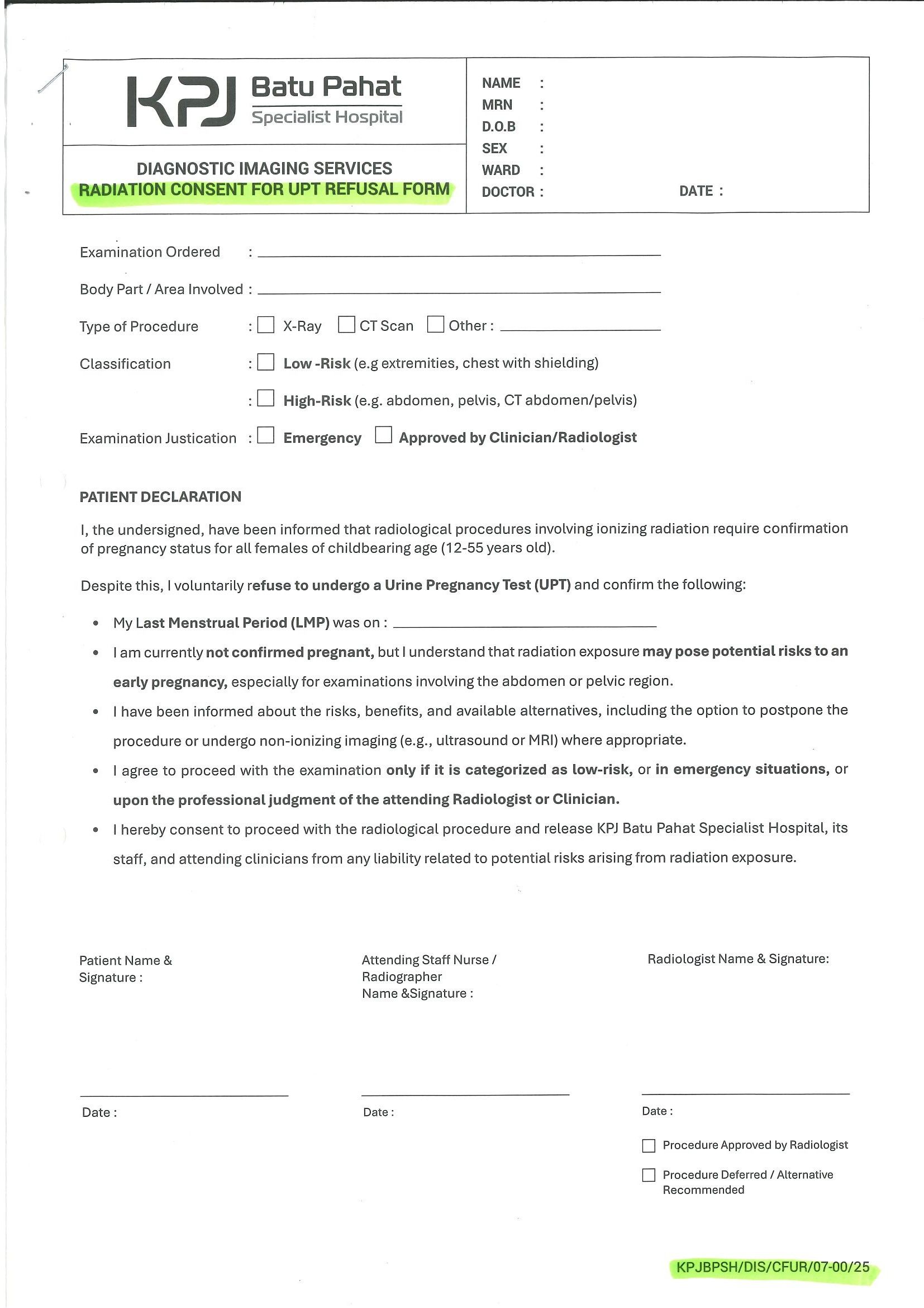 Diagnostic Imaging Services Radiation Consent For UPT Refusal Form