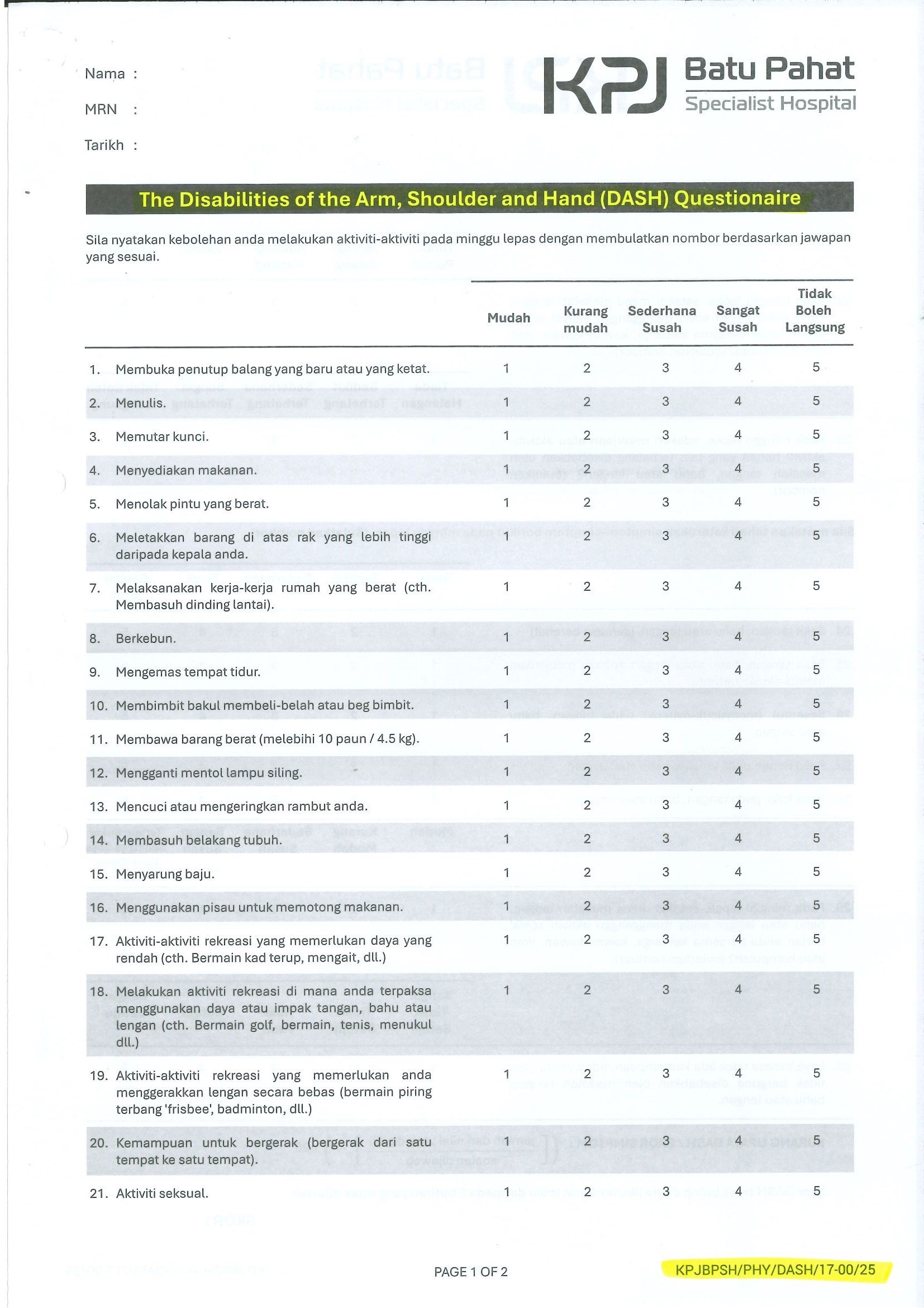 The Disabilities Of The Arm, Shoulder And Hand (DASH) Questionaire