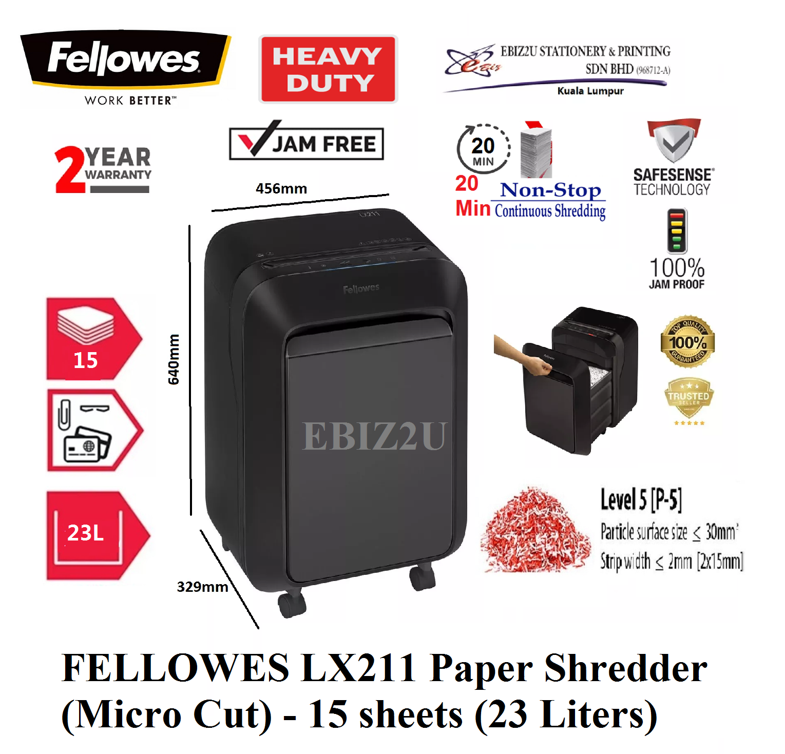 FELLOWES LX211 Paper Shredder (Micro Cut - 2 x 12mm) - 15 sheets (23 Liters) (30 mins Non Stop Paper Shredder, Shredder Machine, A4 Paper Shredder, Office Shredder, Mesin Penghancur Kertas, Heavy Duty Shredder, Heavy Duty Paper Shredder)