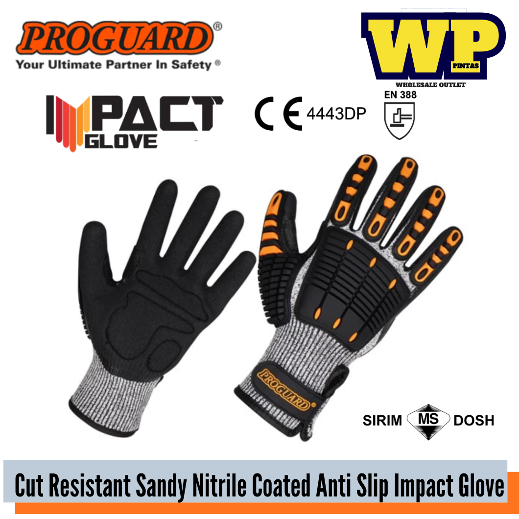 PROGUARD - 13 GAUGE HPPE SHELL WITH NITRILE SANDY COATED IMPACT GLOVE (SIRIM & DOSH) / TRP RUBBER VELCRO STRAP GLOVE / ABRASION GLOVE / CUT RESISTANT GLOVE / MECHANIC ANTI SLIP GLOVE / IMPACT GLOVE /HAND PROTECTION / GLOVE / PG9189