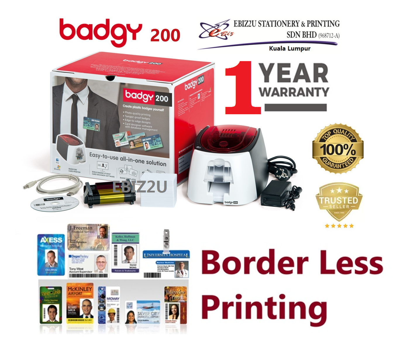 Badgy 200 ID Card Printer (The affordable card printing solution) Border Less printing (ID Card, Member Card, Student Card, Discount Card)