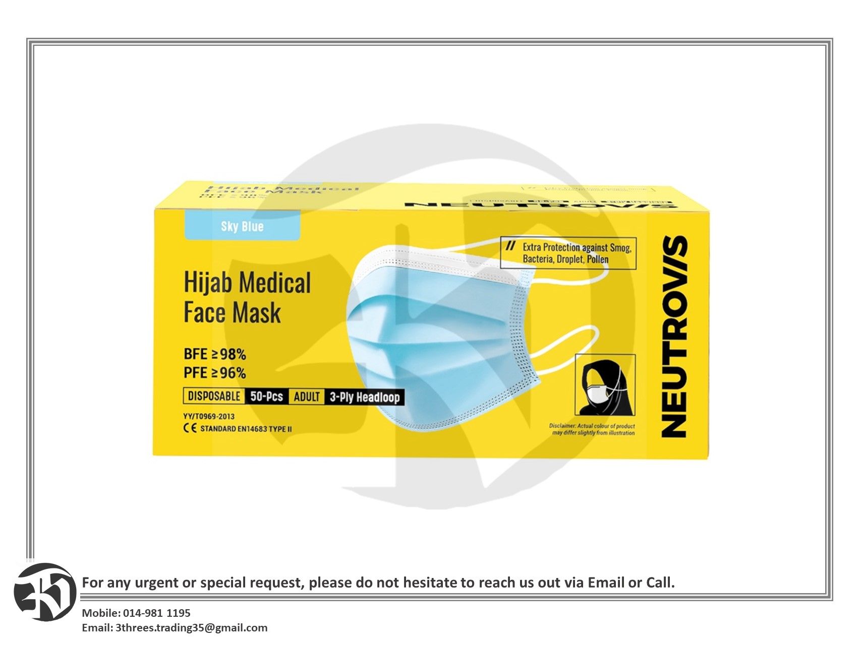 Neutrovis Hijab Medical Face Mask 3Ply, Headloop (Sky Blue) 50s