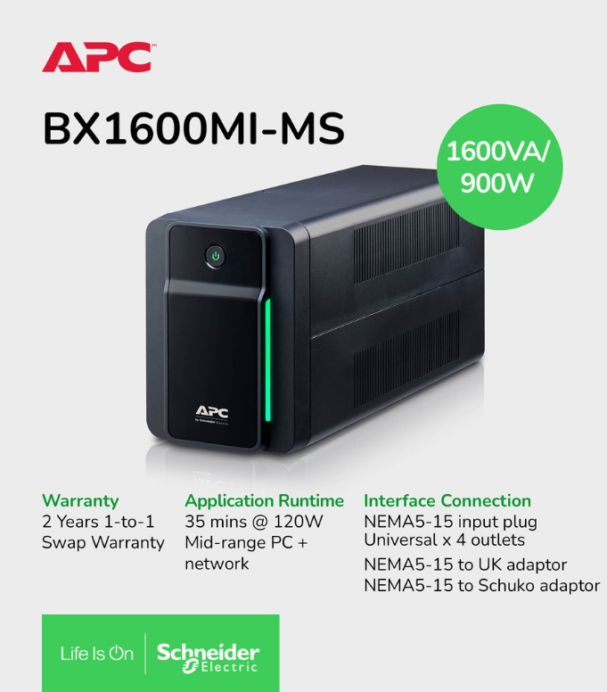 APC BACK-UPS BX1600MI-MS 1600VA,230V,AVR UNIVERSAL SOCKET BATTERY BACKUP