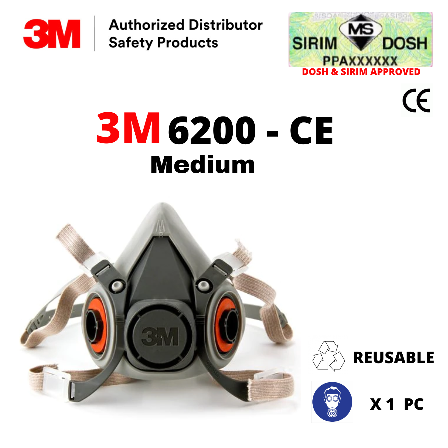 3M 6200, 6100, 6300 DOSH AND SIRIM APPROVED. 3M ™ Dual Cartridge Facepiece Reusable Respirators Thermoplastic Facepiece
