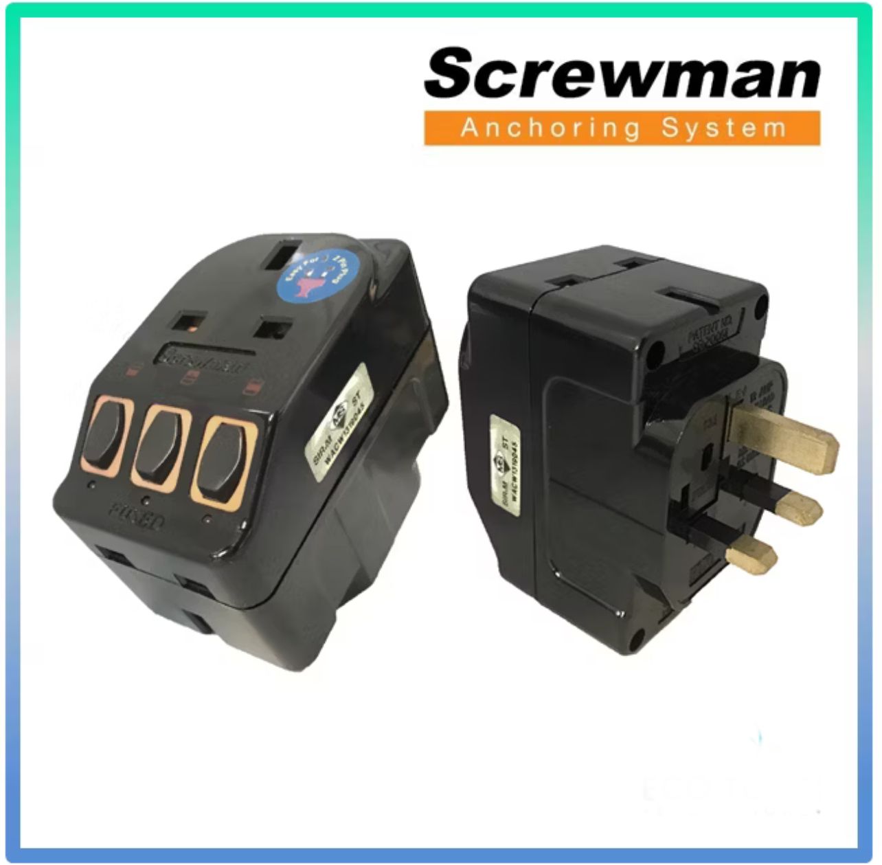 Screwman 3 Pin Plug Adaptor with Switches (Black)