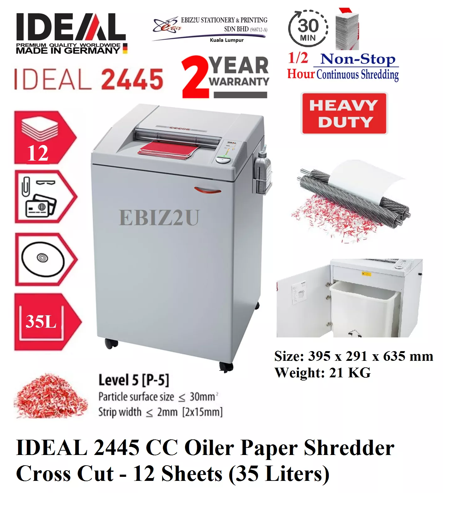 IDEAL 2445 CC Oiler Paper Shredder Cross Cut (2 x 15mm) & (4 x 40mm) - 12 Sheets (35 Liters) (30 mins non stop, Micro Cut, Paper Shredder, Shredder Machine, Office Shredder, Heavy Duty Shredder, Mesin Penghancur Kertas)