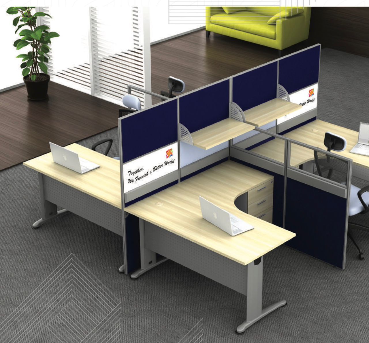 WORKSTATION: CLUSTER OF 2 / L SHAPE TABLE / SIZE : 3000MM X 1500MM