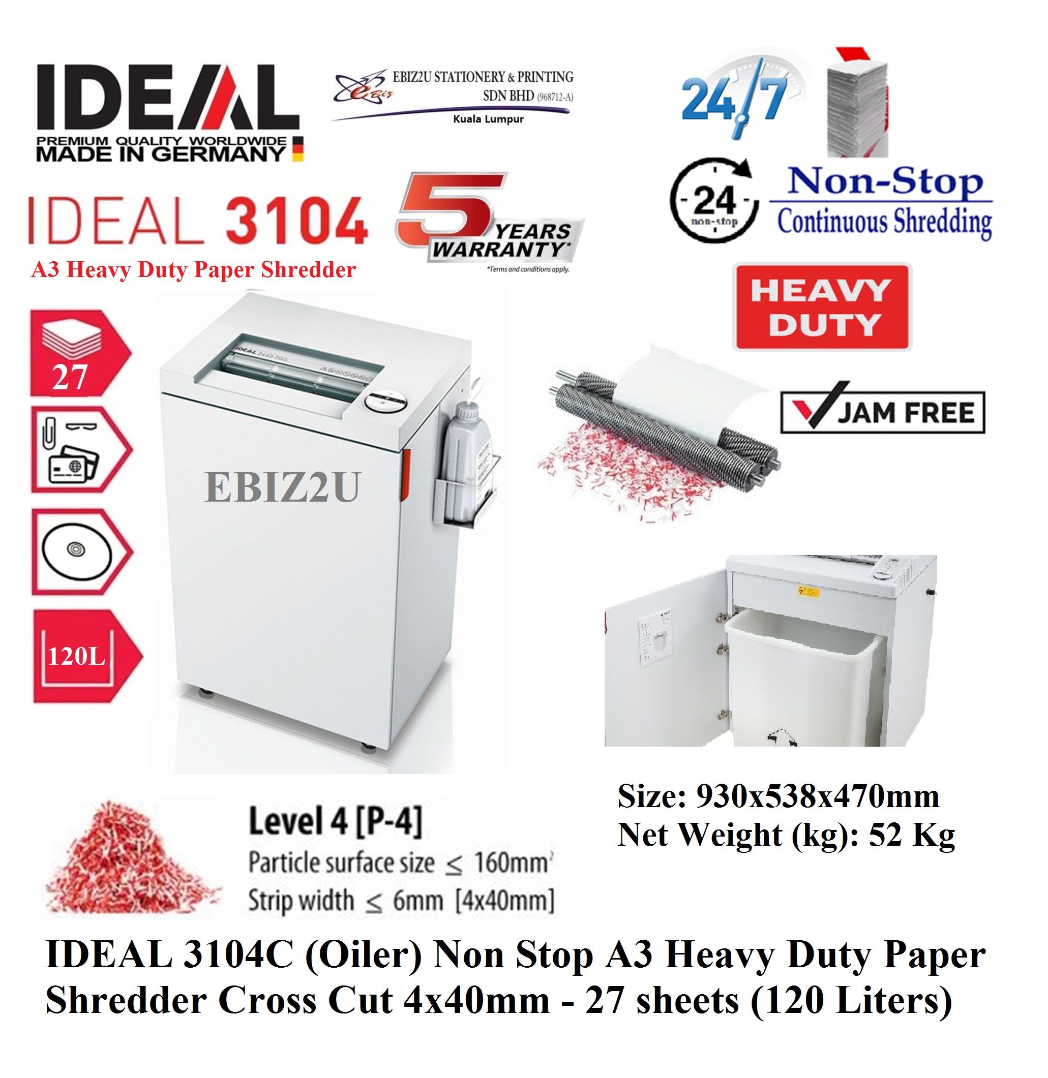 IDEAL 3104 C (Oiler) Non Stop A3 Heavy Duty Paper Shredder Cross Cut 4x40mm - 27 sheets (120 Liters) 3104C (non stop, Micro Cut, Paper Shredder, Shredder Machine, Office Shredder, Heavy Duty Shredder, Mesin Penghancur Kertas)