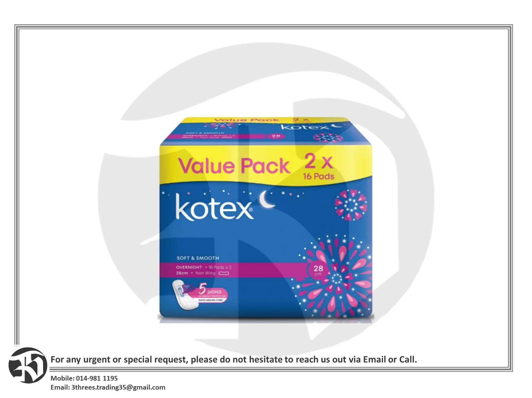 KOTEX Soft Smooth Overnight 28cm Non Wing 2 x 16s