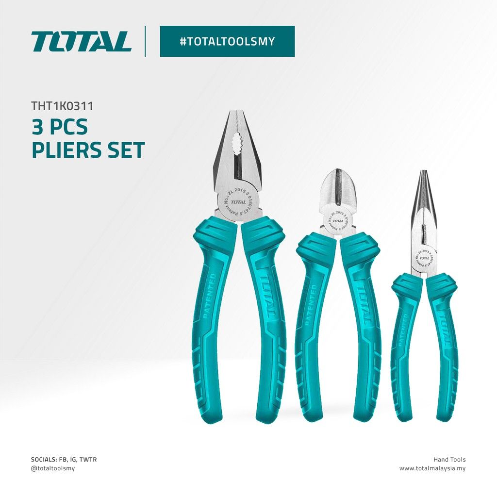 TOTAL PLIERS SET COMBINATION (7") + LONG NOSE (6") + DIAGONAL CUTTING (6") THT1K0311