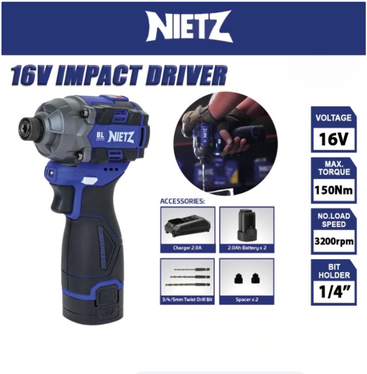 NIETZ NZ16-W150A 16V BRUSHLESS CORDLESS IMPACT DRIVER IMPACT WRENCH 150NM