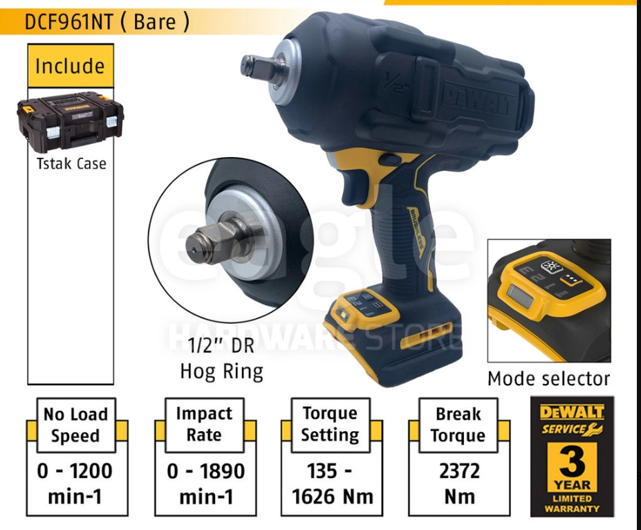 DEWALT DCF961NT-KR 1/2" 18/20V BRUSHLESS CORDLESS HIGH TORQUE IMPACT WRENCH, HOG RING DCF961NT ( BARE UNIT )