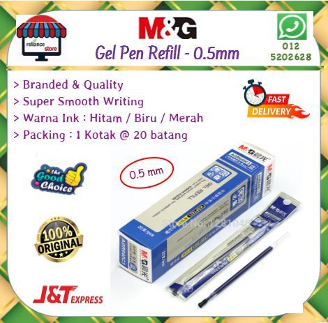 M&G Gel Pen Refill - 0.5mm ( Black / Blue / Red ) / M&G Refill Ink # Original # Warna Ink : Hitam / Biru / Merah # RP1018-1 ( KTT : 1 Kotak @ 20 Batang )