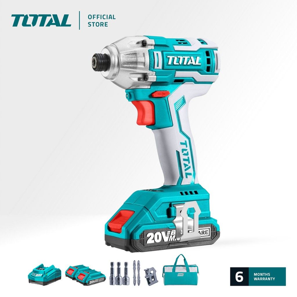 TOTAL TIRLI2002 LI-ION CORDLESS IMPACT DRIVER (BRUSHLESS MOTOR. PACKAGE COMES WITH 3 PCS POWER SOCKETS 2 PCS CR-V BITS 1 PC BELT CLIP 2 PCS 20V 2.0AH BATTERIES 1 PC FAST INTELLIGENT CHARGER 1 PC CANVAS BAG)
