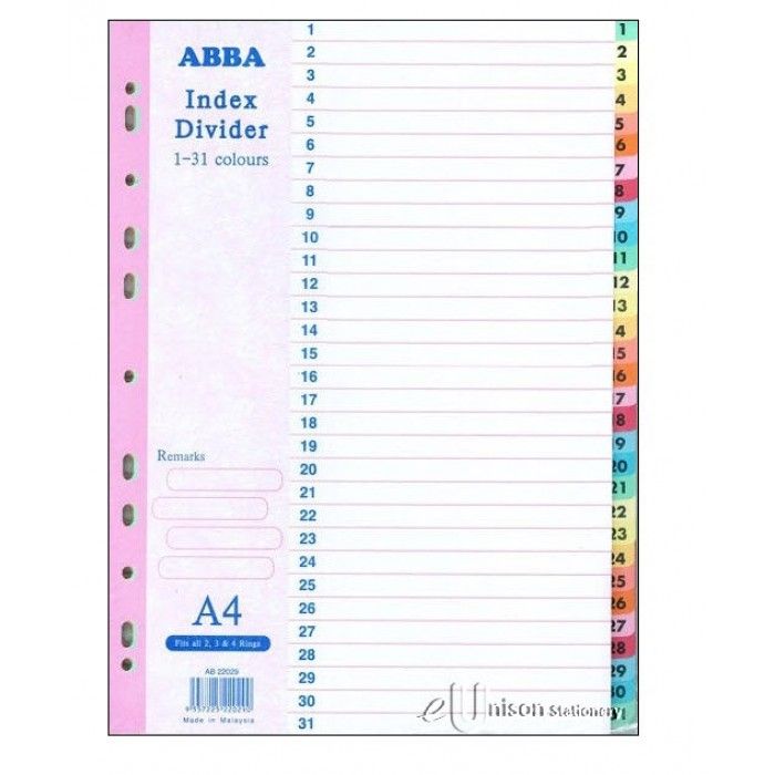INDEX DIVIDER ABBA 1-31 COLOUR