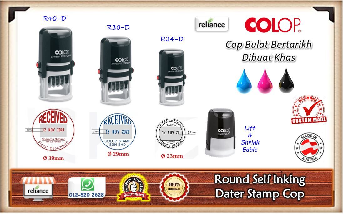 COLOP Dater Round Self Inking Stamp Cop / COLOP R24-D / COLOP R30-D / COLOP R40-D / Cop Tarikh Bulat # Self Inking Stamp # Custom Made # Warna Ink : Biru - Merah - Hitam # Date Chop # RS2462 ( KTT : 1 Unit )