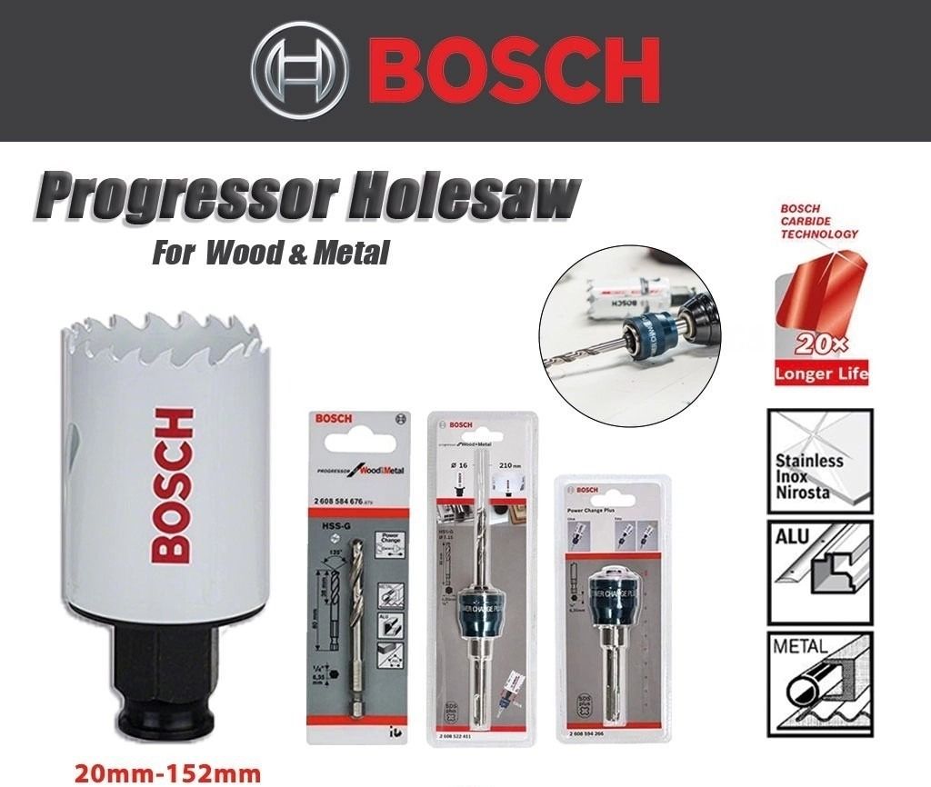 BOSCH Progressor Hole Saw For Wood & Metal HSS-Bi-Metal Adaptor Pilot Drill Bit 20mm - 152mm