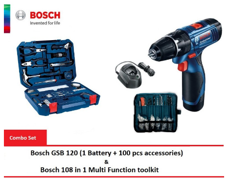 Bosch GSB 120 (1 Batt & 100 Pcs Accs) And 108 In 1 Multi Function Toolkit
