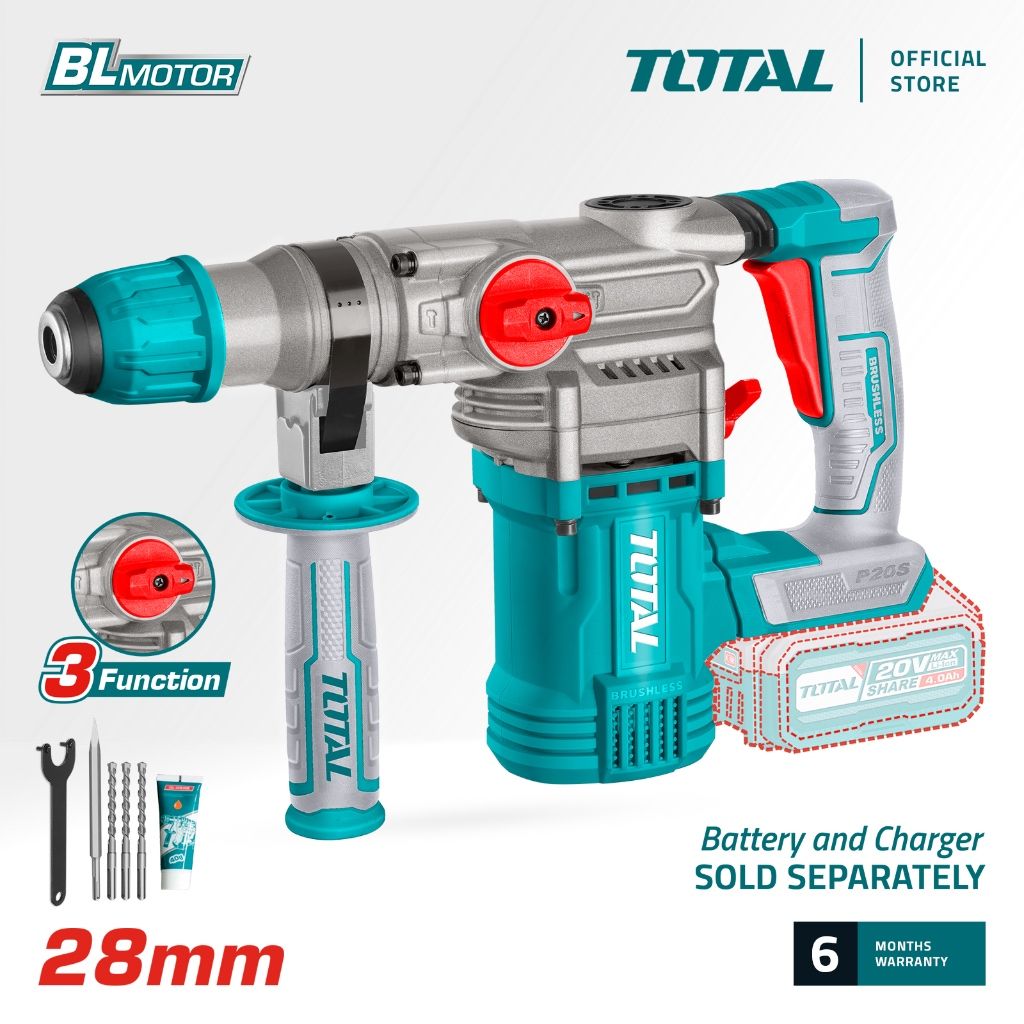 TOTAL LI-ION ROTARY HAMMER (4.5J/20V) WITH BRUSHLESS MOTOR (SDS PLUS) + DRILL & CHISEL BIT (4 PCS) P20S TRHLI20288