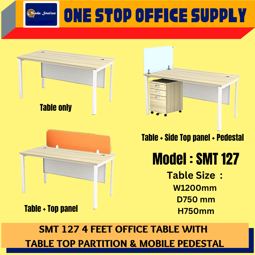 OKADA SMT 127 4 FEET OFFICE TABLE WITH TABLE TOP PARTITION & MOBILE PEDESTAL - (TABLE ONLY) , (TABLE + TOP PANEL) , (TABLE + SIDE TOP PANEL + MOBILE PEDESTAL) / OFFICE TABLE SET / OFFICE TABLE WITH PARTITION / 4 FEET TABLE / TABLE WITH PANEL & PEDESTAL