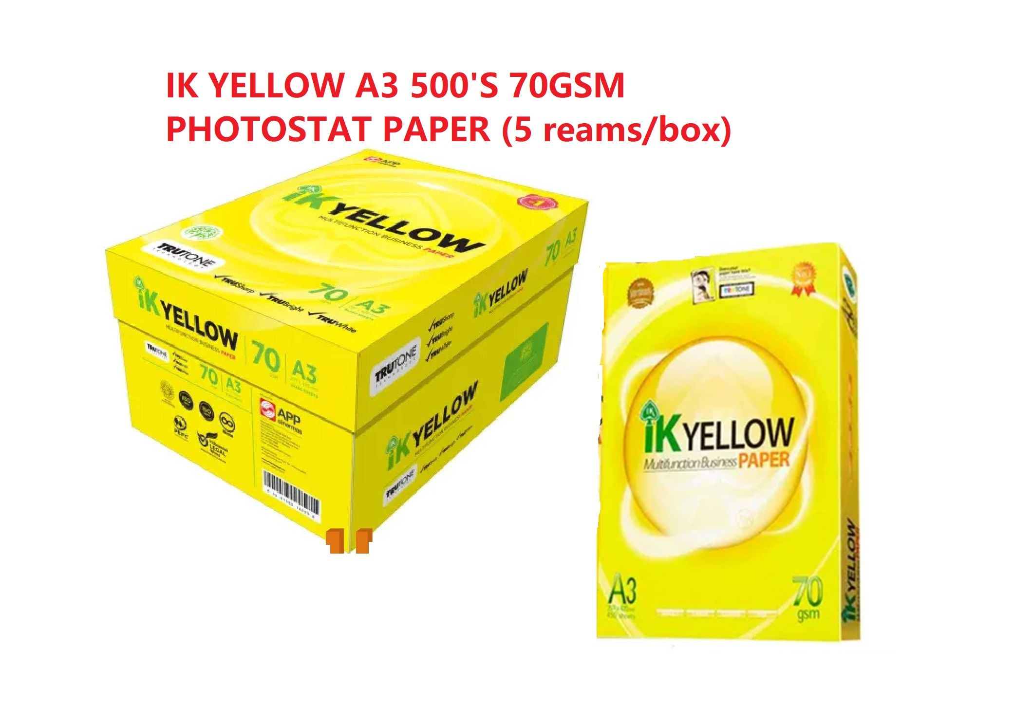 IK YELLOW A3 500'S 70GSM PHOTOSTAT PAPER (5 reams/box) - 1 box (KL & PJ Selangor Only)