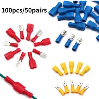 100Pcs Female/Male Electrical Wire Connector Insulated Crimp Terminals Spade Cable Terminal Wire Red Blue Yellow Kit 22-10 AWG