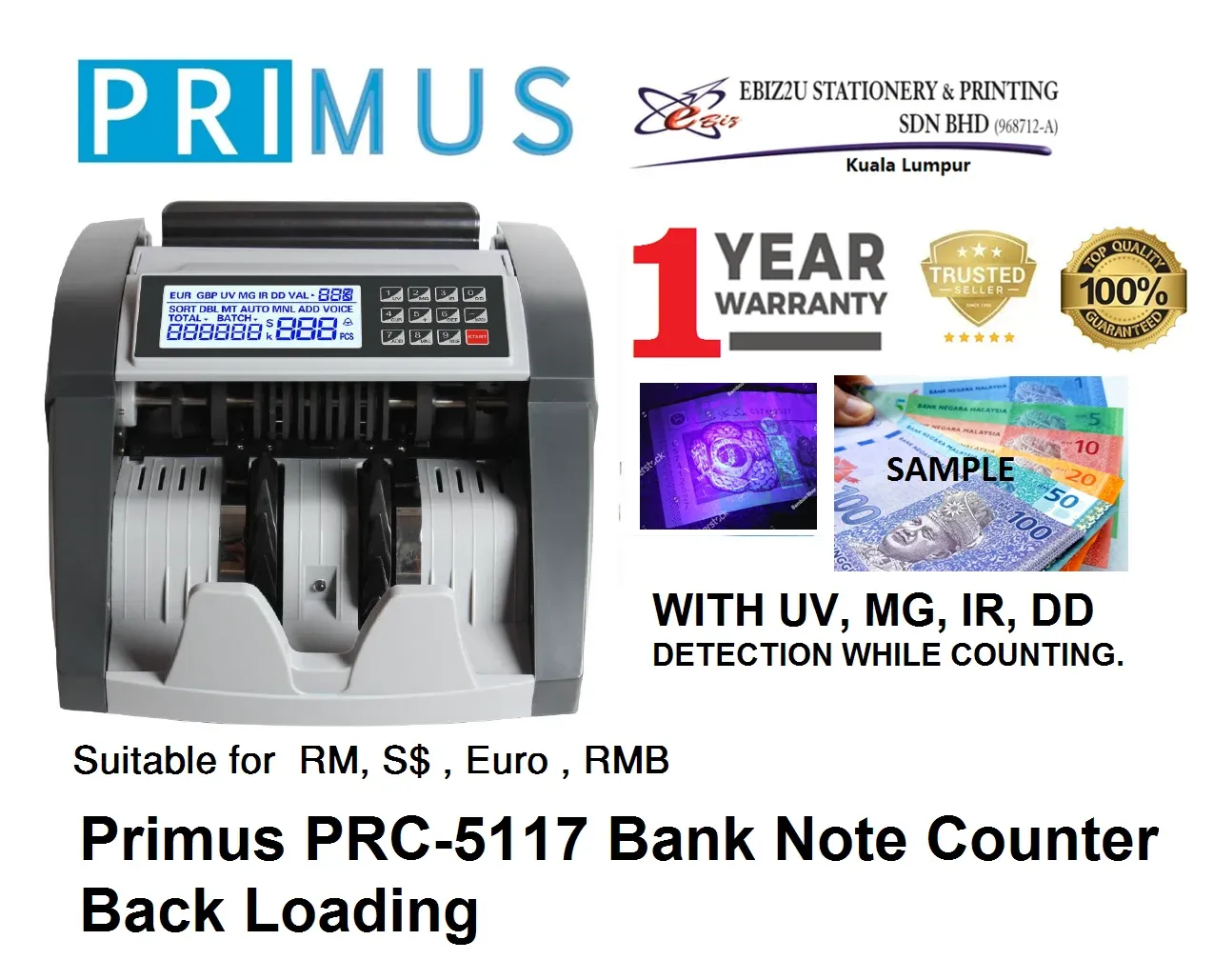Primus PRC-5117 Bank Note Counter Back Loading, MYR , USD , GBP , AUD , SGD , CNY , RUB , MOP , CAD , TWD , KRW and other total 30 local currency (note counter machine, Banknote Counter, Bill Counter, Money Counting Machine, Money Notes Counter,)