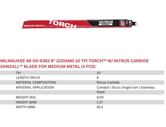 Milwaukee 9" (230mm) 10 TPI TORCH™ w/ Nitrus Carbide SAWZALL™ Blade for Medium Metal (3pcs) 48-00-6352