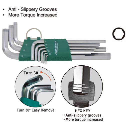 JONNESWAY 9PCS ANTI-SLIP EXTRA LONG ARM HEX KEY SET (MM)