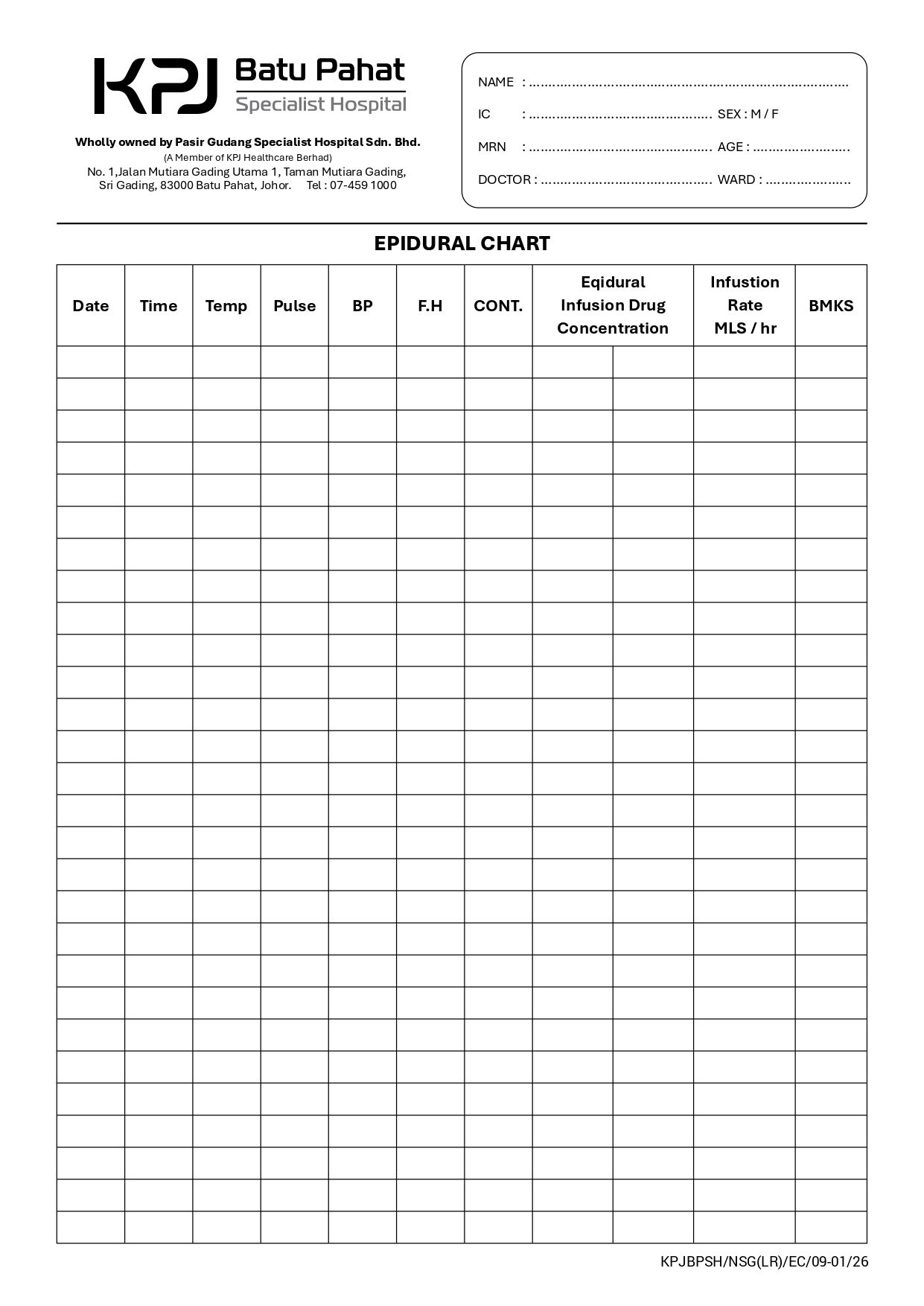 Epidural Chart