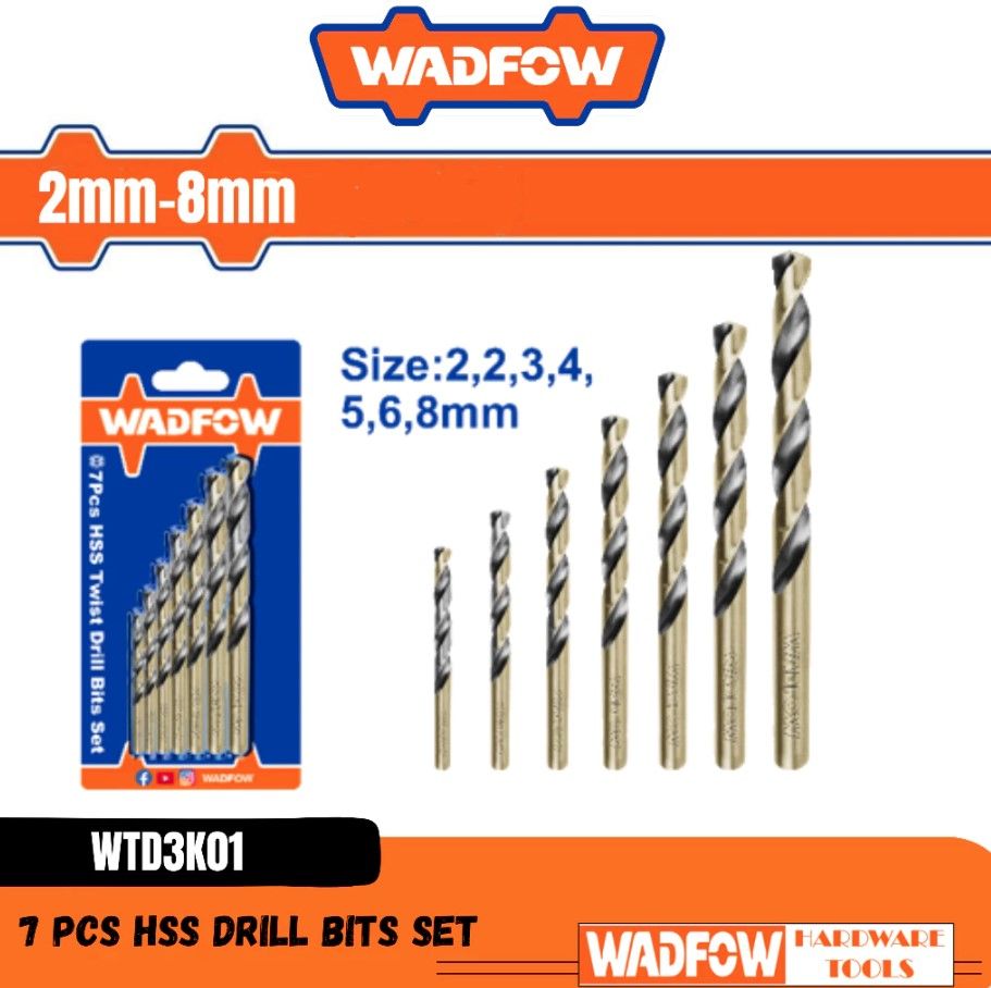 WADFOW 7 PCS HSS DRILL BITS SET, DIAMETER: 2MM + 2MM + 3MM + 4MM + 5MM + 6MM + 8MM - WTD3K01
