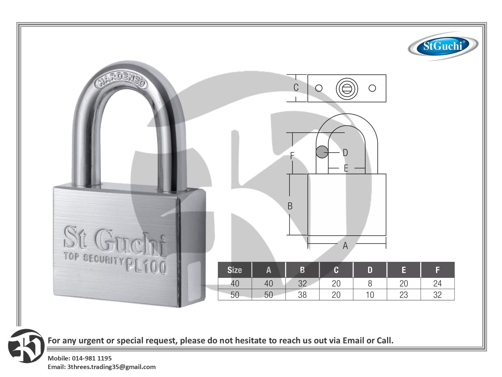 StGuchi Security Padlock SGPL-100N 40mm/50mm