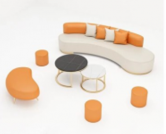 2M Sofa + 2 small round + Curved Stool + Coffee Table