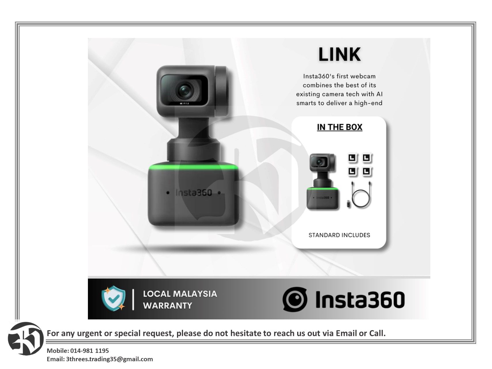 Insta360 Link - AI-Powered 4K Webcam with 1/2" Sensor AI Tracking I Gesture Control, HDR I Noise-Canceling